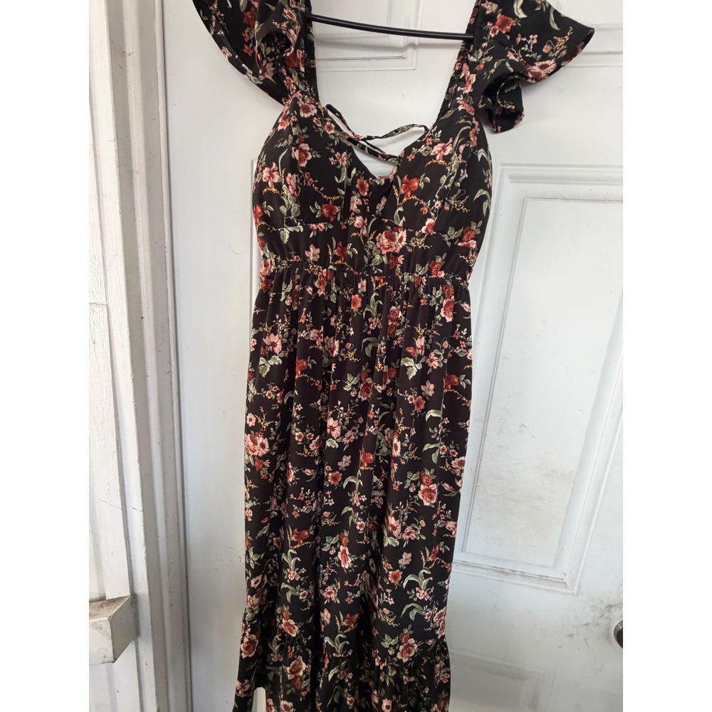 Inspired Hearts Black Floral Maxi Dress Flutter Sleeve Lace Up Back Large